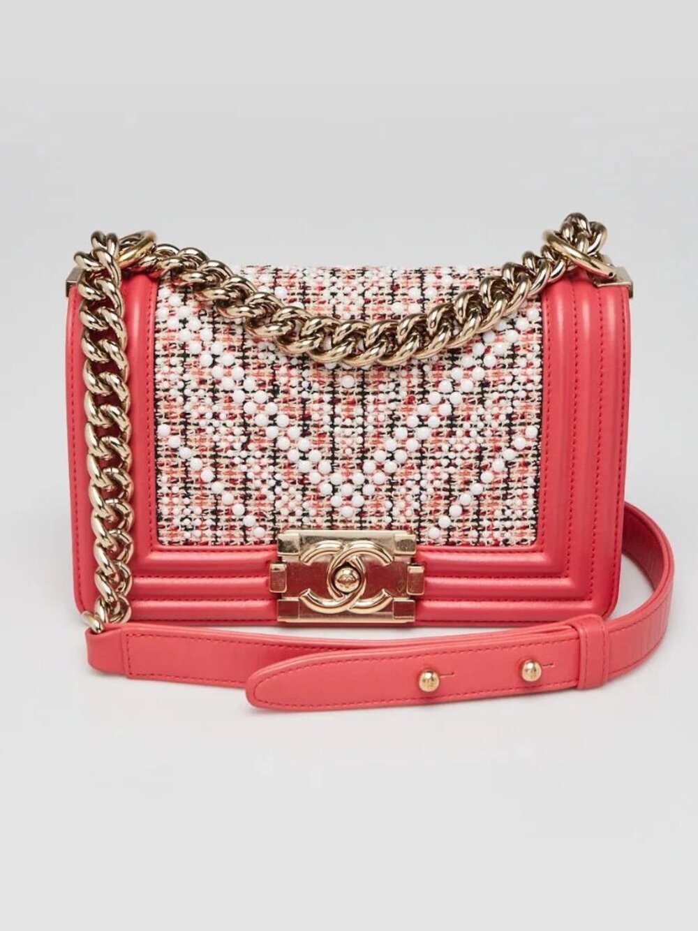 Chanel Pink/White Tweed and Faux Pearl Small Boy Bag
